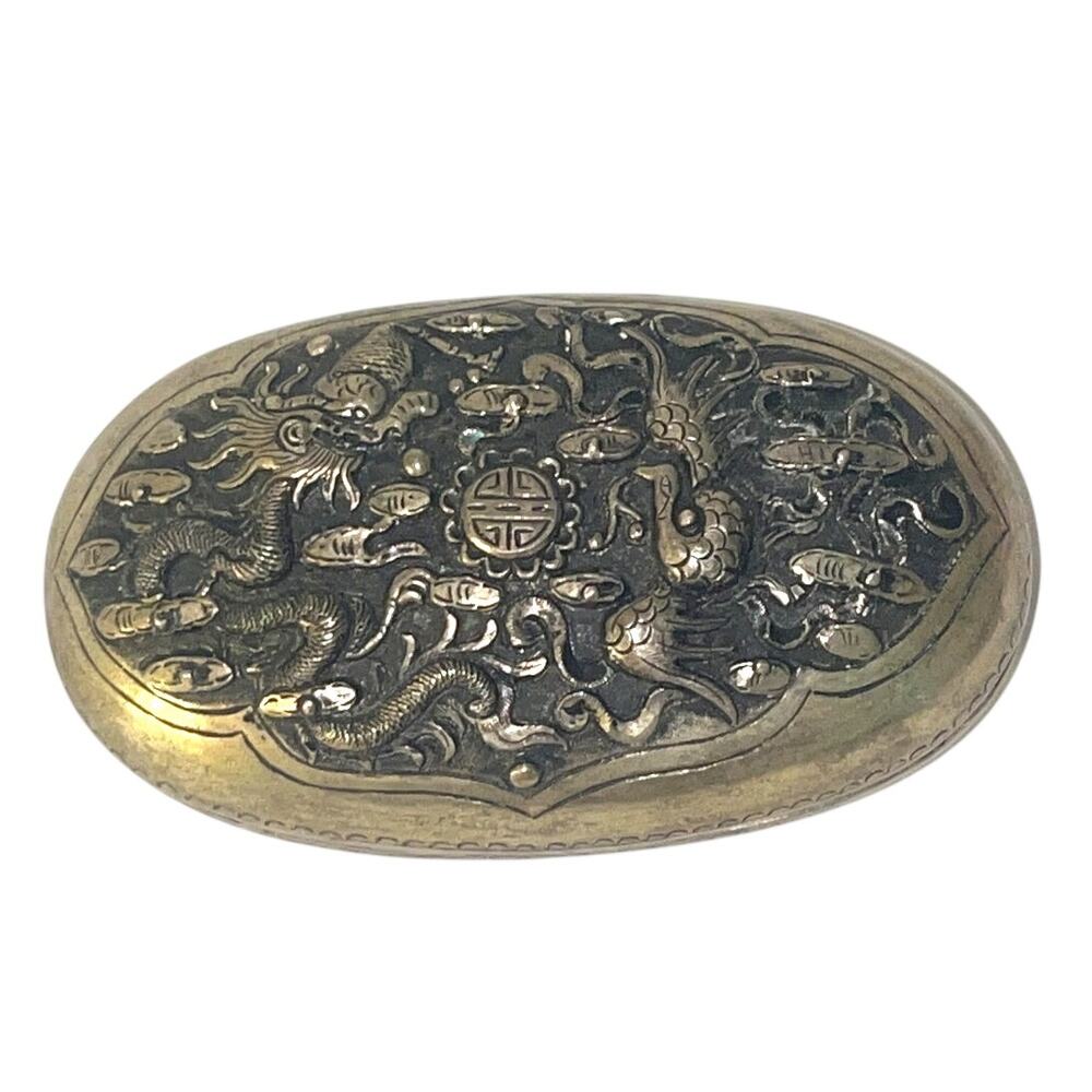 Antique Chinese Asian Silver Dragon Phoenix Oval Trinket Box Pill Case Longevity